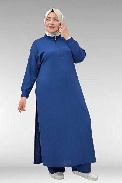 Eslina 57007 Plus Size Side Slit Trouser Suit - Navy Blue