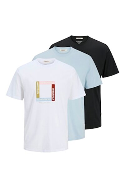 Jack & Jones , Set of crew neck t-shirts - 3 pieces, White, Black, Light Blue, M