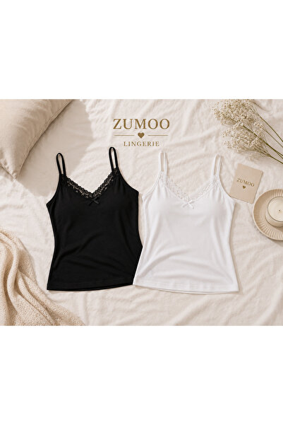ZUMOO Women's Rope Strap Lace Detailed Cotton Undershirt Set of 2 Black-White