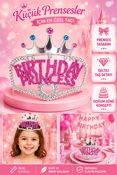 Tamsena Store Kız Çocuk Birthday Princess Yazılı Gümüş Renk Doğum Günü Tacı P...
