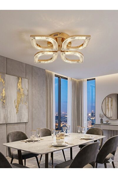 Lüxev Lighting Flora Model Gold 4"lü Ledli 3 Renk Modu Kristal Salon Mutfak Y...