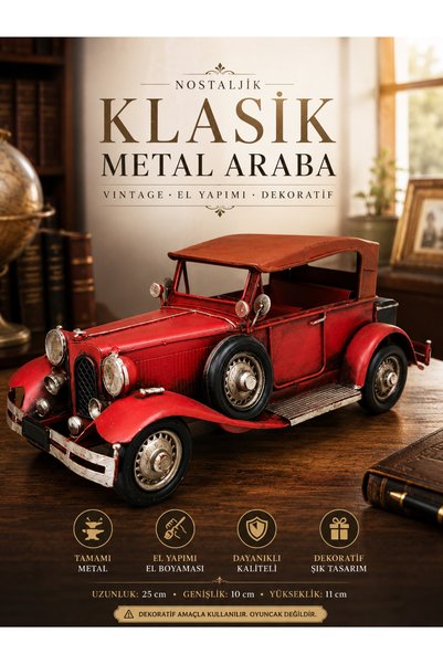 KOLAYEV Nostaljik Klasik Metal Araba Dekoru Kırmızı Vintage El Yapımı 25 Cm 0290