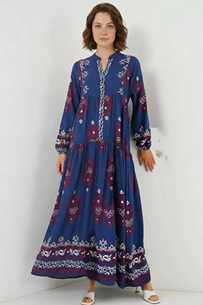 buğrahayalin Women's V-Neck Gathered Waist Long Sleeve Authentic Patterned Vi...