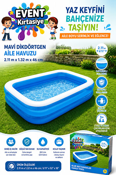 EVENT Dikdörtgen Şişme Aile Havuzu 211x132x46 cm Büyük Boy Bahçe ve Çocuk Havuzu