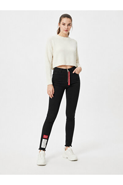 DORAJEANS Skinny Fit Patch detaylı likralı esnek Yüksek Bel Dar Paça Kadın De...
