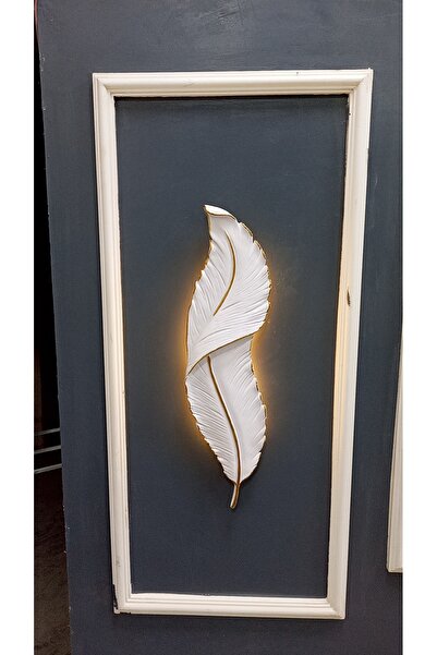 ASZEN Kuş Tüyü Elektrikli Duvar Dekoru – Beyaz Gold Damarlı | 62x18 cm