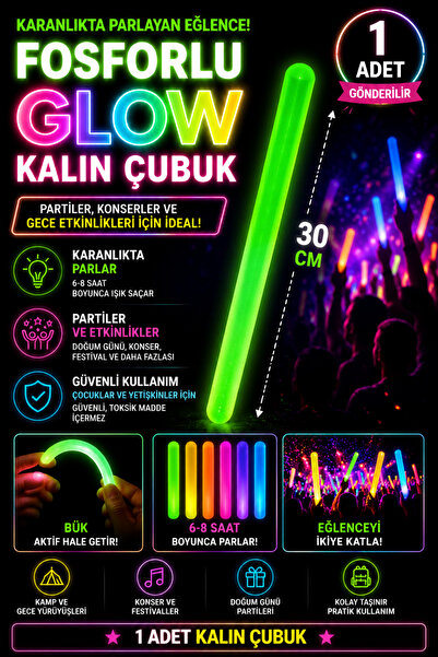 Tamsena Store Fosforlu Glow Çubu Kalın Işıklı Parti Çubuğu 30 CM Neon Eğlence...