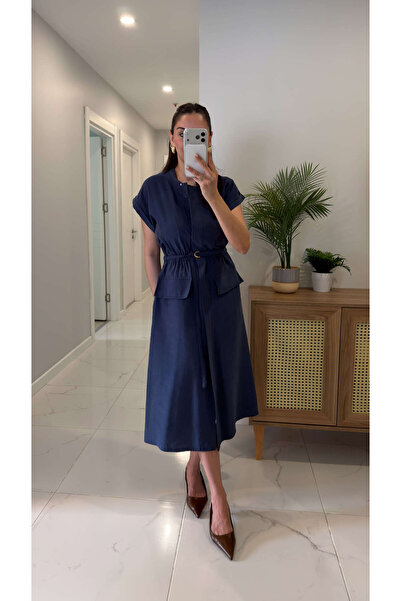 BİRCANÇİL Siols Navy Blue Drawstring Waist Tencel Dress with Pocket Detail