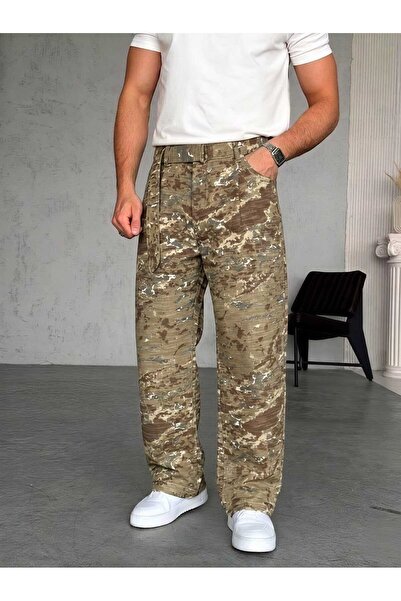 Wonraces Pantaloni de vară pentru bărbați, largi, cu curea, din camuflaj, din...