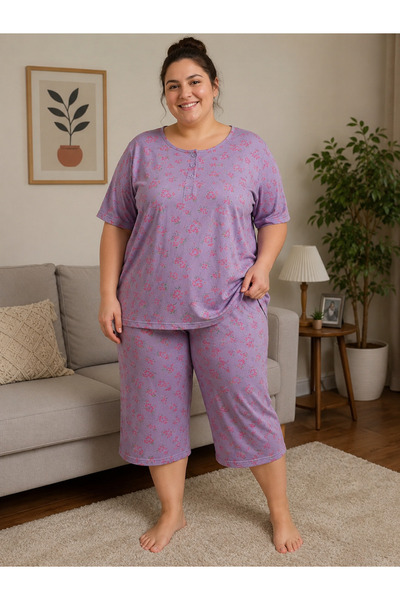 BALİS PİJAMA Women's Plus Size Floral Patterned Spotted Pajama Set Short Slee...