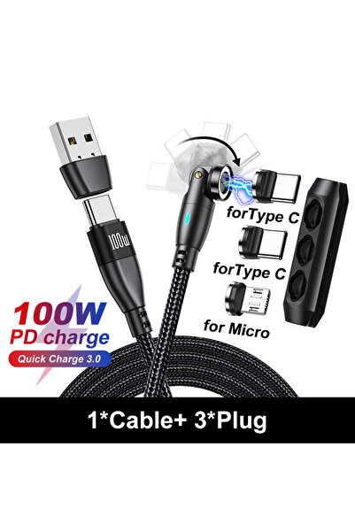Choice15 كابل USB مغناطيسي من النوع C بطول 1 متر باللون الأسود مع 3 رؤوس، كاب...
