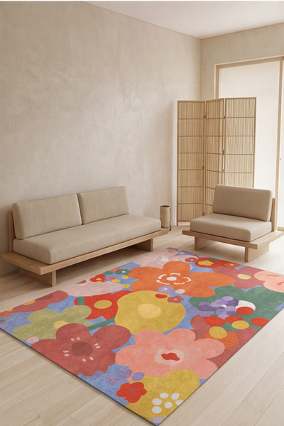 DOREM Çiçek desenli modern halı kaymaz taban yıkanabilir salon mutfak halısı