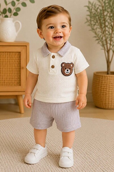 dinamik çocuk Baby boy teddy bear embroidered polo collar openwork 2-piece su...