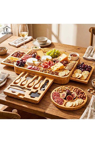 Elindor ® Bamboo Serving Platter Set with Cheese Knives and Forks, 33 × 39 × ...