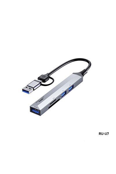 Remax RU-U7 5-in-1 USB-A 3.0 / TYPE-C USB HUB Adapter Ασημί