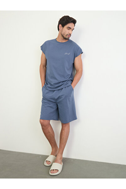 Styli Men Blue Embroidered Detail Cap Sleeve Vest and Shorts Set