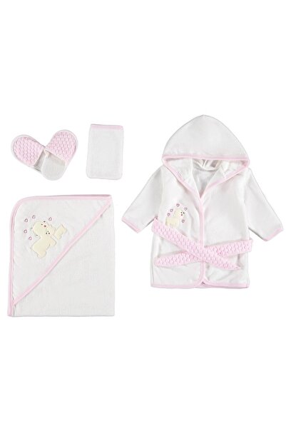 Minimio Kids 4-Piece Teddy Bear and Heart Embroidered Baby Bathrobe Set with Box