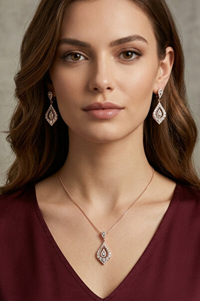 PETEK AKSESUAR Zircon Stone Drop Pendant Earring Set