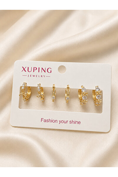 SERENİTY BİJUTERİ Xuping 14K Gold Rengi Taşlı 3 Çift Çelik Kadın Halka Küpe 6...