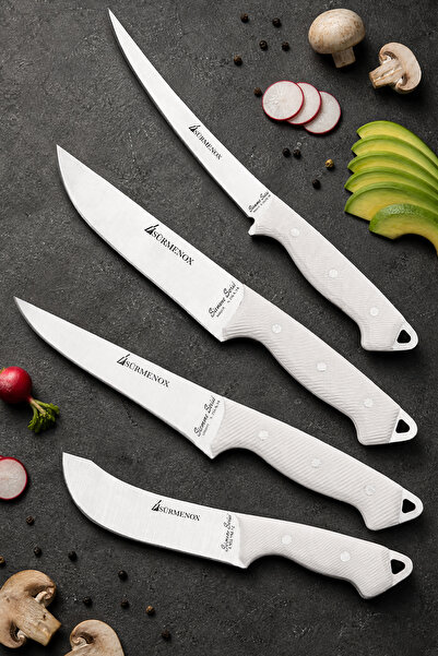 SÜRMENOX Sürmene Serisi 4 lü Mutfak Bıçak Seti Beyaz Verzalit Sap Kasap Et Ekmek Sebze Şef Bıçağı Steak Bıçak HDS-161