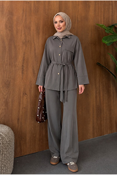 moda paketi Women's Belted Shirt and Pants Set – Comfortable Fit Islamic Clot...