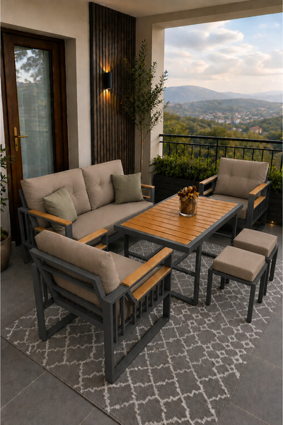Rovena ESİNTİ Balkon Takımı, Antrasit Bahçe Takımı 5+1 (Masa 70x110 2 lilü Ko...