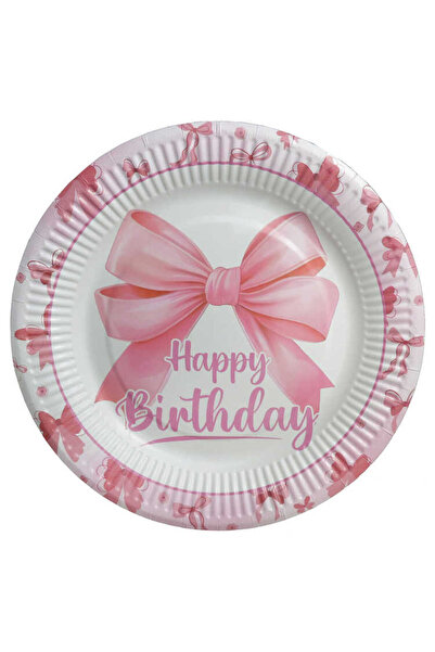 kidspartim Pembe Fiyonk Happy Bırthday Baskılı Karton Tabak 23 cm 8 Adet