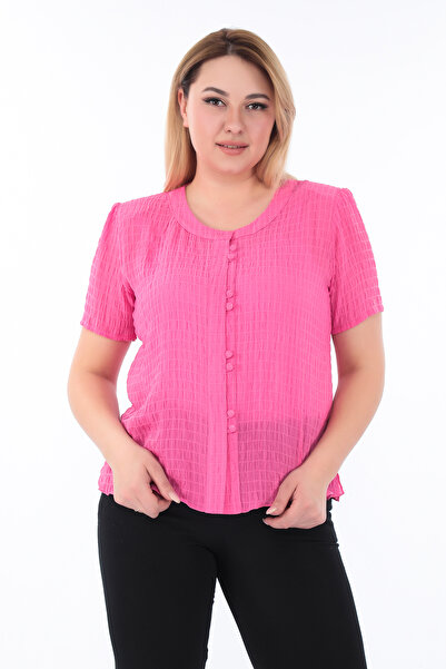 KİFAYET Plus Size (50-56) Crew Neck Gipeli Short Sleeve Summer Women's Blouse