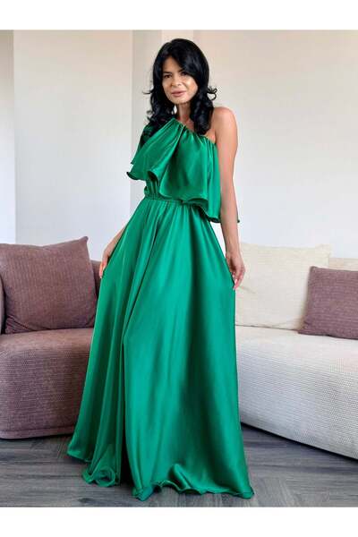 RAMONA BADESCU EXCLUSIVE Rochie Lungă Satinată Elegantă cu Volane și Umeri Go...