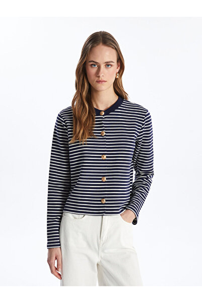 LC Waikiki Nevavm Women's Long Sleeve Cardigan with Oval Collar and Stripes