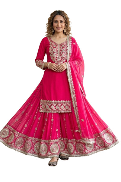 MYSMAR Pink Faux Georgette Heavy Embroidered Sharara Set - FFT8014 | Pink