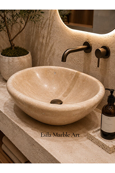 ESİLA MARBLE Doğal Traverten Tezgah Üstü Oval Lavabo – El Yapımı Çanak Mermer...