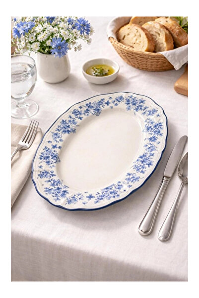 ACAR Vintage Garden Mavi Çiçek Desenli Beyaz Porselen Oval Tabak 25x18 cm