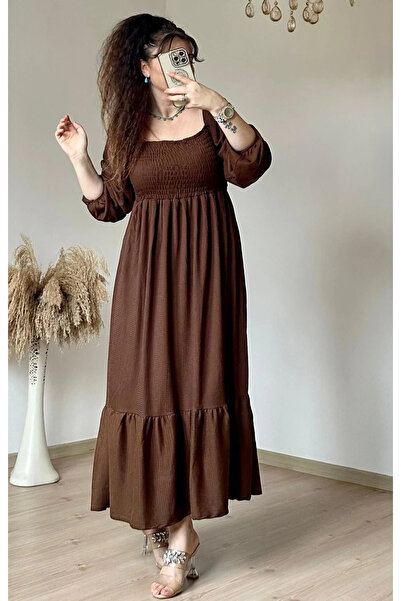 AZRA BUTİK Square Neck Ruffle Skirt Dress Brown