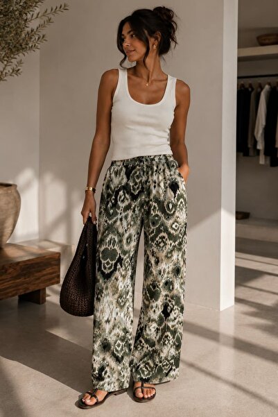 bb butik basic Patterned Wide-Leg Viscose Trousers Casual Stylish Women's Tro...