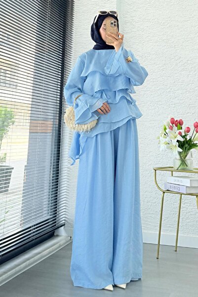 MELEK ARAZ Premium Layered Voile Double Set – Blue