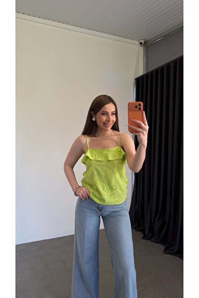 elif teke Lime Askılı Nakışlı Bluz