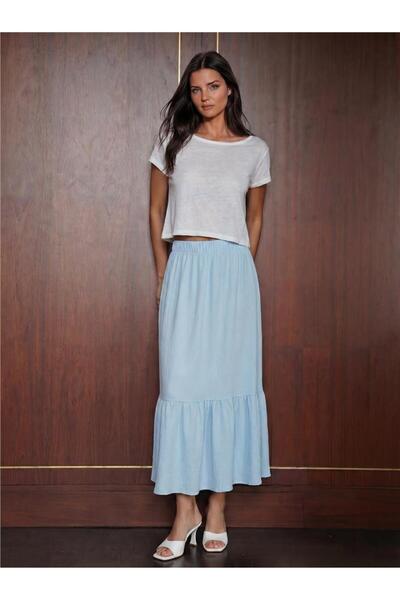WeShaya Light Blue Knitted Stretch Fabric Elastic Waist Straight Cut Long Skirt