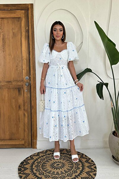 Caddebostan Moda Lace Detailed Embroidered Square Collar Gipe Waist Midi Leng...