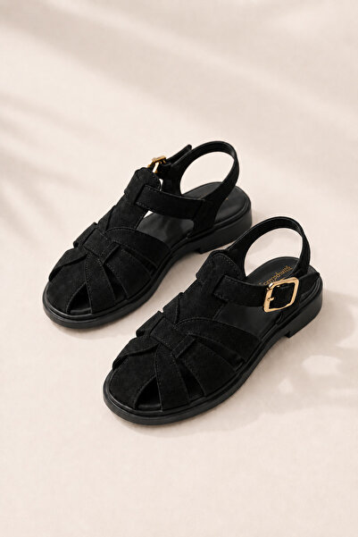 Scarpebutik Women's Black Suede Sandals with Cage Buckle Detail