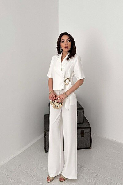 Caddebostan Moda Women's Single-Buckle Short-Sleeved Jacket and Wide-Leg Pant...