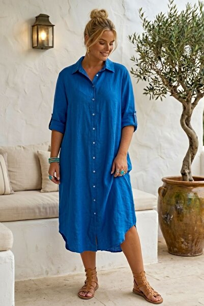 Chiccy Italian Saks Blue Shirt Collar 3/4 Sleeve Buttoned Hidden Pocket Oval ...