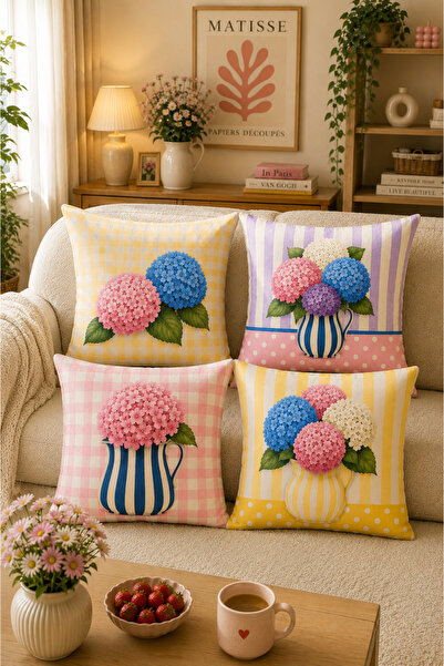 AYSHOME Ays Home Ortanca Patterned Cute Garden Home 4-Piece Throw Pillow Cove...