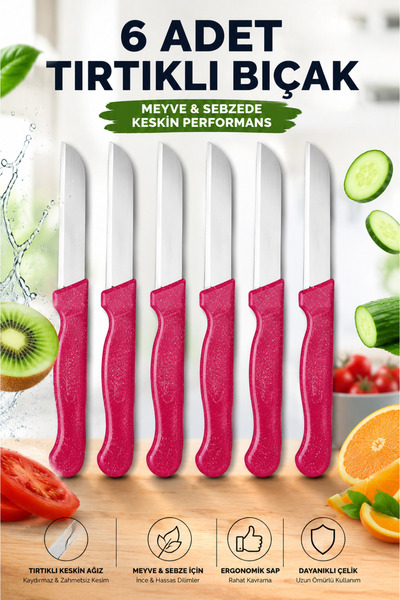 6’lı Tırtıklı Meyve Sebze Bıçağı Seti Pembe Saplı Domates Ekmek Kahvaltı Bıçağı