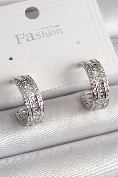 ETC Brass Silver Color Zircon Stone Processing Detail Hoop Model Women's Earr...