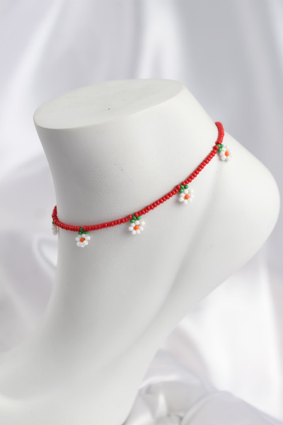 MEKs Red Color Beaded Daisy Motif Anklet 5886 - Hep-9977-7895