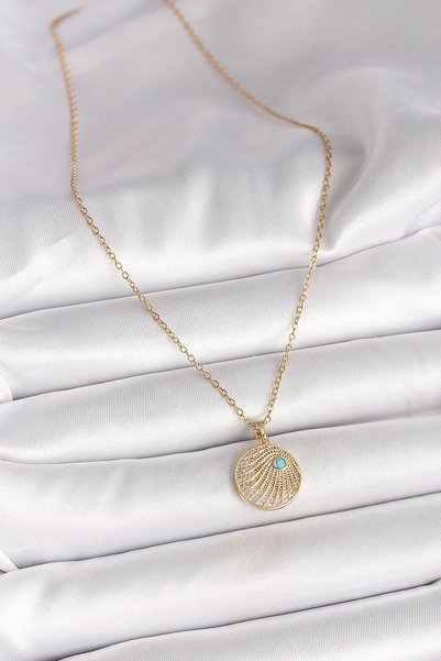Generic Brand 316L Steel Gold Color Chain Zircon Stone Embellished Blue Stone Detailed Medallion Mode - Miyng1236-51