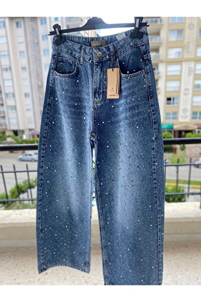 SONGÜLBERİK Women's Premium Full Stone Detailed Jean Trousers