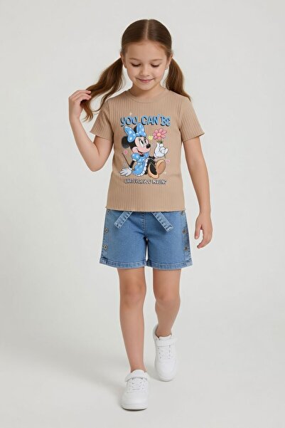 Cansın Mini Beige Character Printed T-Shirt and Jean Shorts Set for Girls 24112