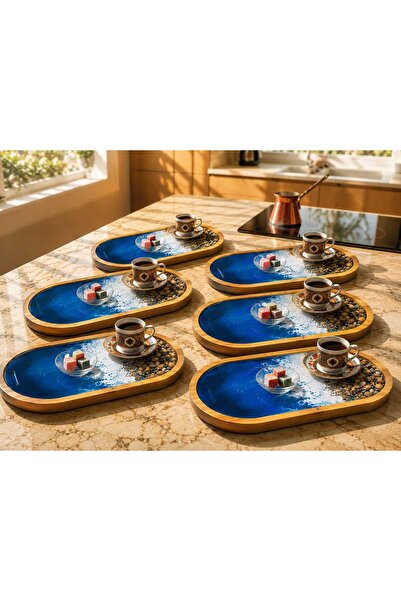 rustikhomedecor 6’lı El Yapımı Epoksi Bambu Kahve Sunumluk Seti Oval Servis T...